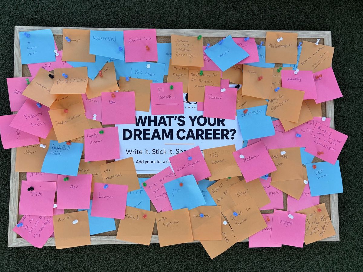 A board covered in sticky notes where visitors wrote their dream career