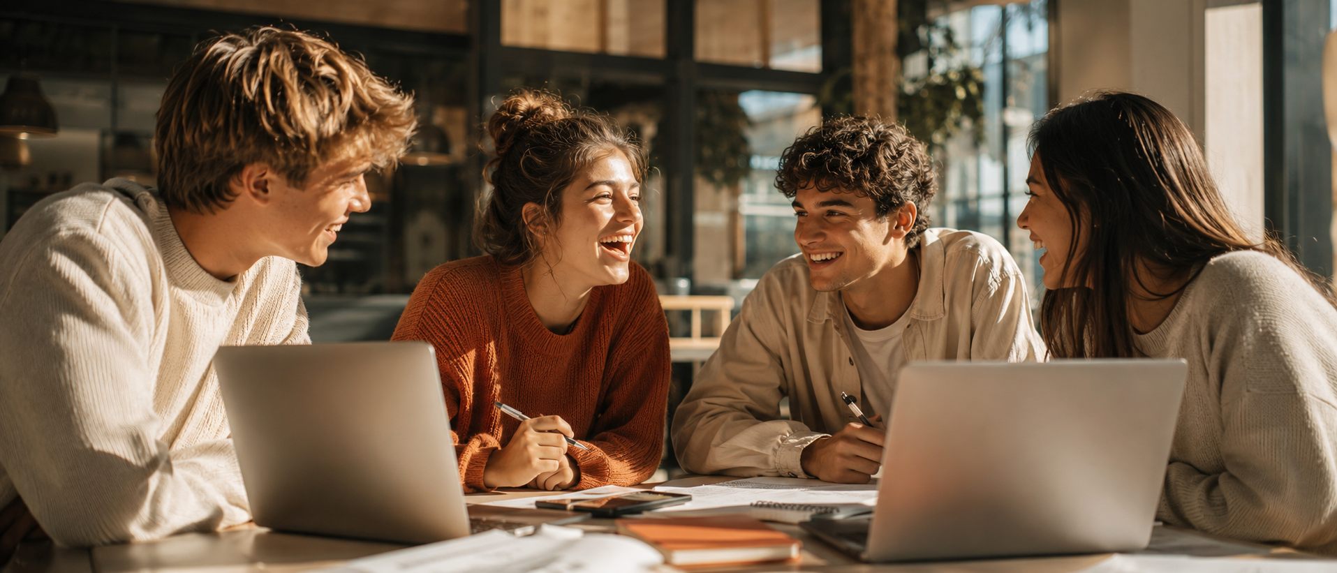 Young Australians collaborating around a table with laptops and notebooks